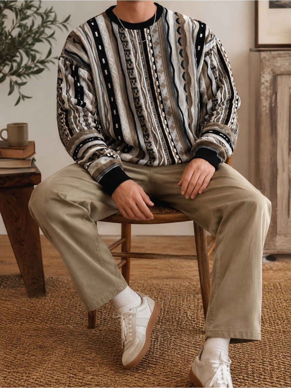 Vintage 90s Coogi-Style 3D Knit Sweater Beige Black Textured Retro
 Sweater